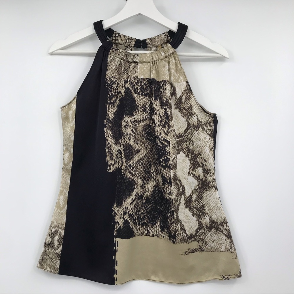 Elie Tahari Silk Snakeskin Print Halter Top Beige Tan & Black Keyhole Back SMALL